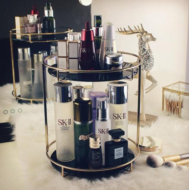 Double Layered Cosmetic Organizer Black Glass Metal